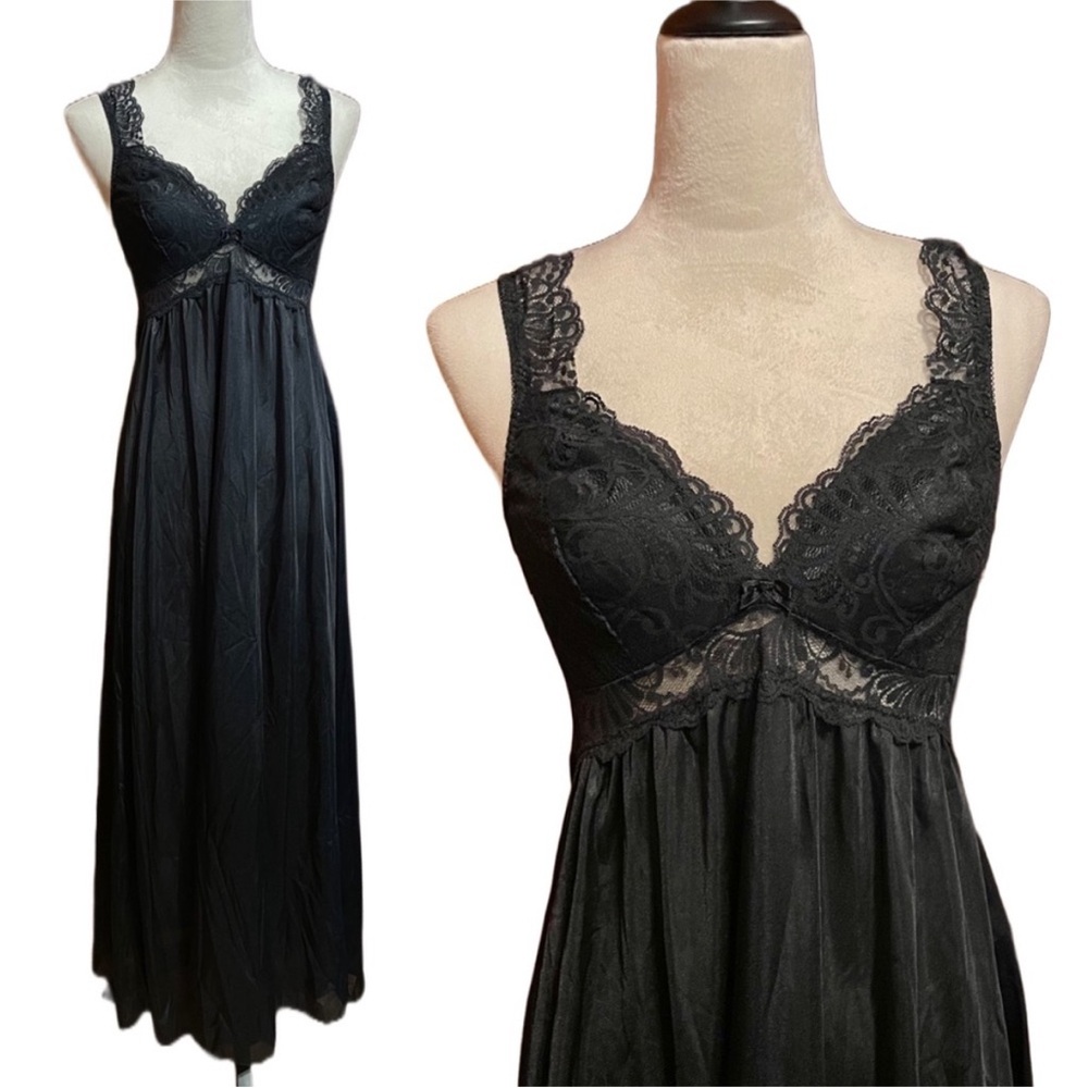 Vintage 80s Scaasi Nylon Full Length Lace Panel Slip Dress Gown Medium 36 Bust